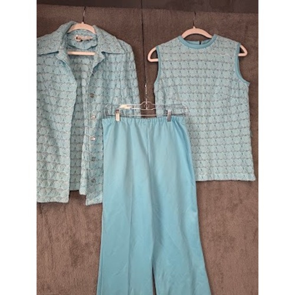 Vintage Marty Gutmacher 70s 3 Piece Set Blue Lace Knit Jacket Shell Pants Suit